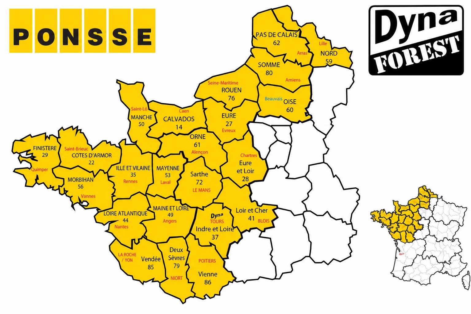 Carte du secteur commercial et technique PONSSE couvert par DYNA dans l'Ouest, le Nord-Ouest et les Hauts-de-France